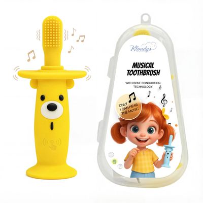 KLOUDYS Vibrating Baby Toothbrush l Bone Conduction Music l Soft BPA-Free Silicone Oral Sensory chew Toys for Kids & Babies, 9-24 Months, Yellow