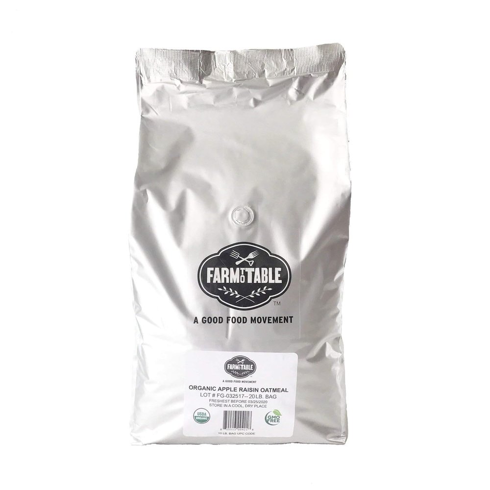 Farm to Table Foods Organic Apple Raisin Whole Grain Oatmeal High Fiber & Protein, All Natural - 20 lb. Bag
