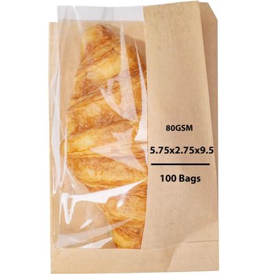Kraft Paper Sandwich Bag with Window | 80 GSM, 5.75 X 2.75 X 9.5 & 100 Bags | Kraft with OPP Material, Packaging for Fresh Delights | Natural Kraft Paper, Heat Sealable Short Baguette Bags