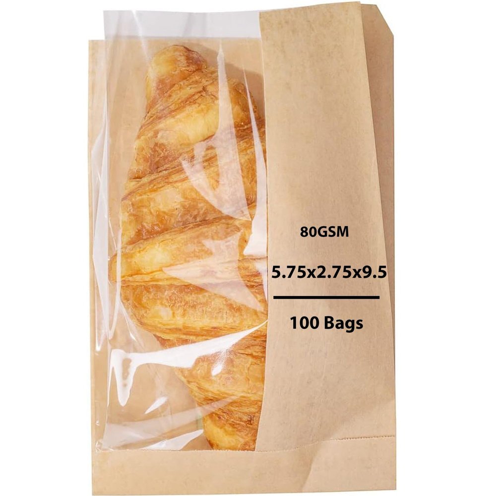 Kraft Paper Sandwich Bag with Window | 80 GSM, 5.75 X 2.75 X 9.5 & 100 Bags | Kraft with OPP Material, Packaging for Fresh Delights | Natural Kraft Paper, Heat Sealable Short Baguette Bags