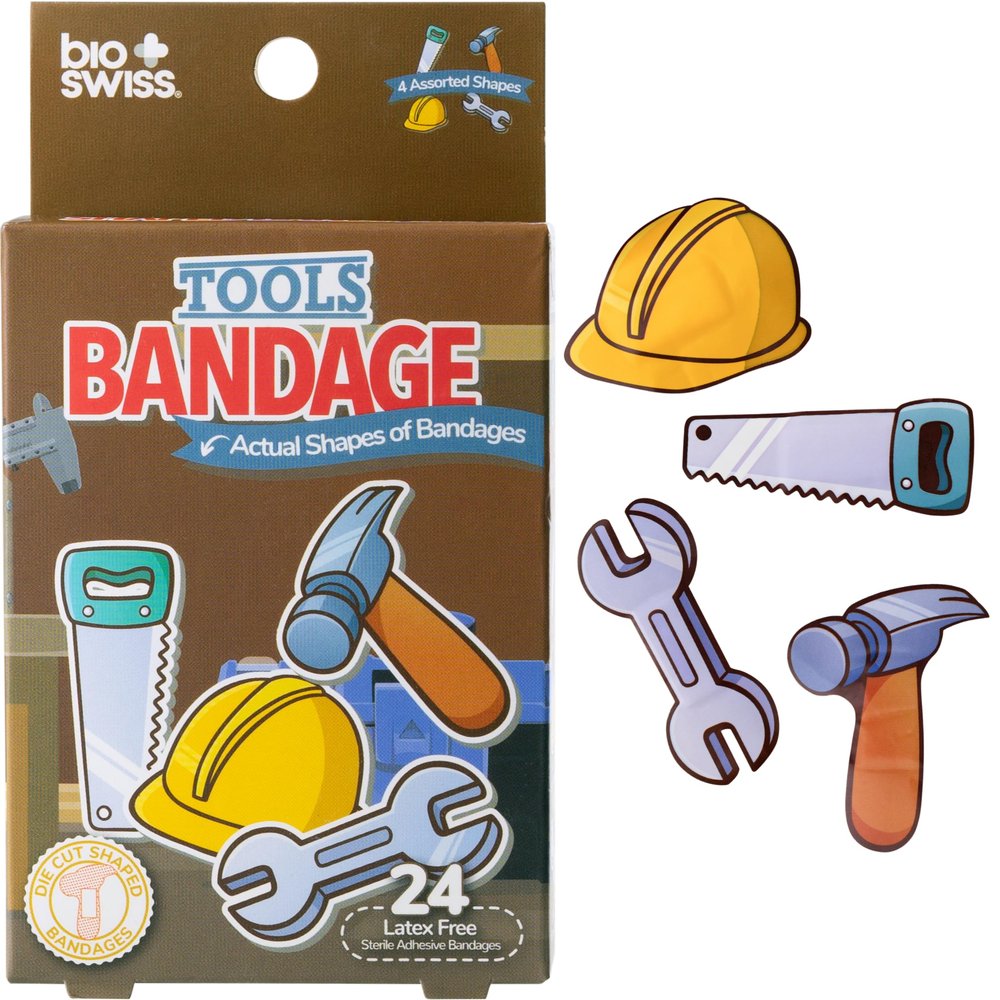 BioSwiss Bandages, Tools Shaped Self Adhesive Bandage Set, Latex Free, Sterile Wound Care, 24 Count