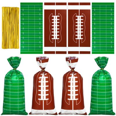100 Pcs Football Treat Bags Football Candy Goodie Bags Sports Party Favors Gift Cellophane Bags with 100 Pcs Twist Ties for Birthday Sports Event Theme Party Supplies