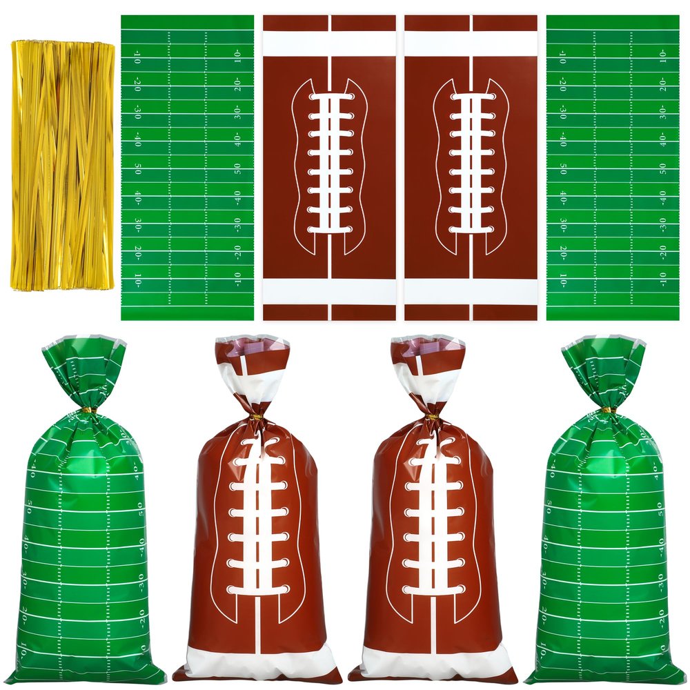 100 Pcs Football Treat Bags Football Candy Goodie Bags Sports Party Favors Gift Cellophane Bags with 100 Pcs Twist Ties for Birthday Sports Event Theme Party Supplies