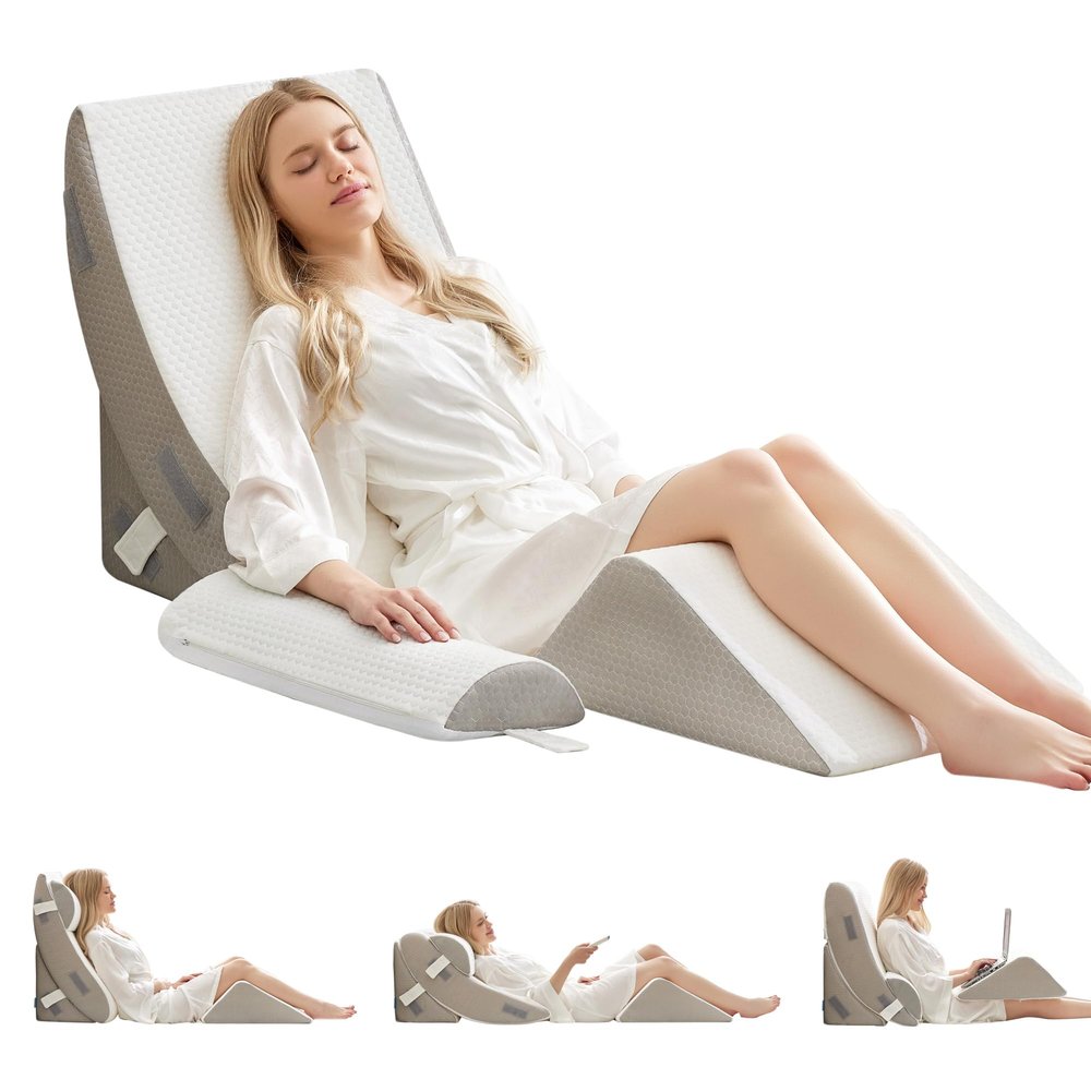 BDEUS 4-PCS Orthopedic Bed Wedge Pillow Set for Post-Surgery Recovery & Pain Relief - Adjustable Foam Support Pillows for Back, Leg, Neck & Shoulder Pain. Triangle Body Wedges for Sleeping, Sitting Up