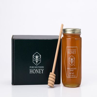 100% Authentic, USA - Made Raw Unfiltered Gourmet Honey Gift Box with Dipper by Pure Southern Honey [ 1 lb] - Unheated - Non - GMO, No Additives, All - Natural Sweetener- Environmental-Friendly Glass Jar