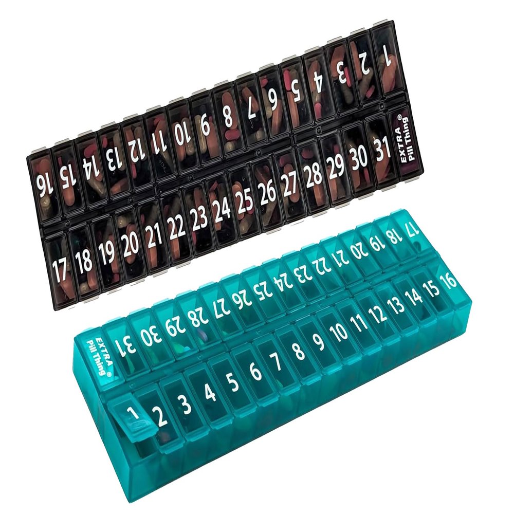 AM PM 31 Day Once-a Day Monthly Pill Planner Organizers - Large Compartment Pill Boxes Store Medications for Entire Month Plus Compartment for Extra Pills (AM/PM) (Am/Pm Black & Teal)