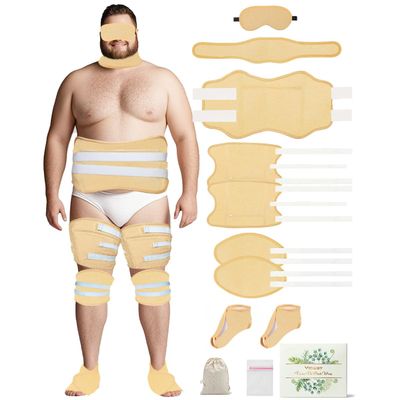 11PCS Plus Size Castor Oil Pack Kit - Reusable Full Body Wraps for Stomach, Neck, Eyes, Knees, Feet & Legs | 3-Layer Flannel Cotton, Full Adhesive | Pain Relief, Liver Detox, Stress Relief (Khaki)