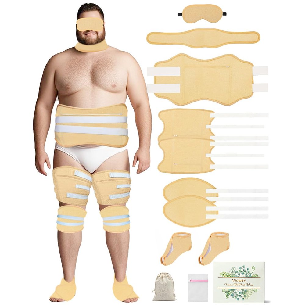 11PCS Plus Size Castor Oil Pack Kit - Reusable Full Body Wraps for Stomach, Neck, Eyes, Knees, Feet & Legs | 3-Layer Flannel Cotton, Full Adhesive | Pain Relief, Liver Detox, Stress Relief (Khaki)