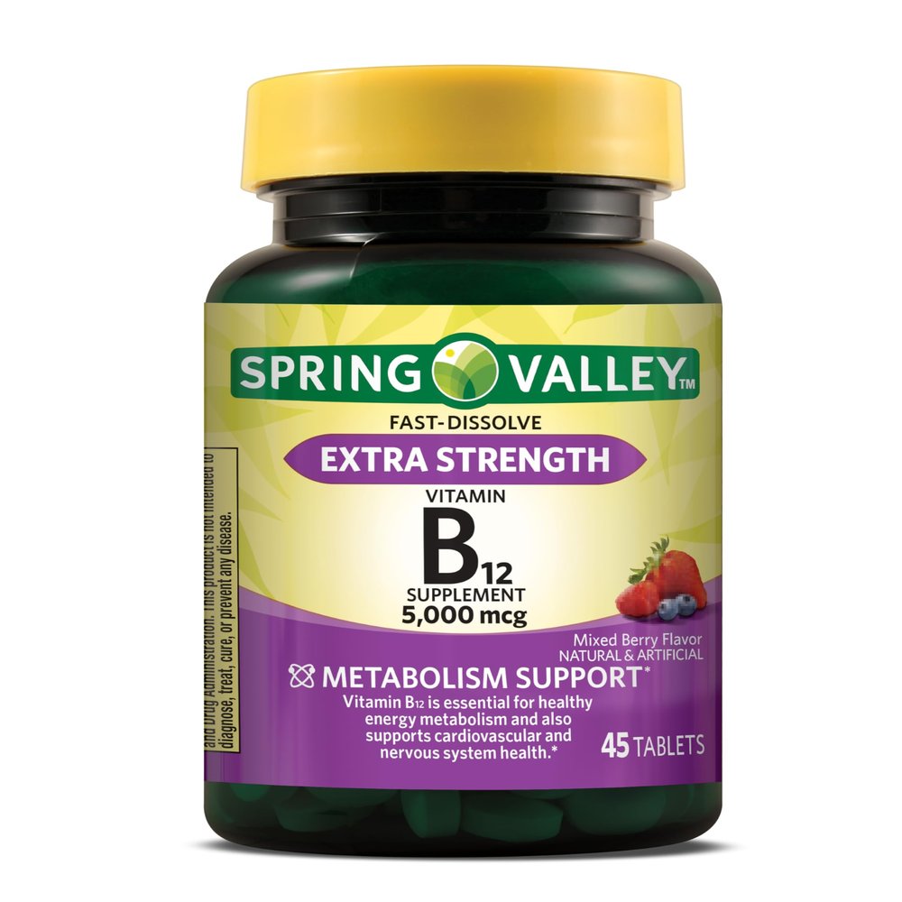 Maker Explorador Spring Valley Extra Strength Vitamin B12 Metabolism Support Dietary Supplement Fast Dissolve Tablets, Mixed Berry, 5000 mcg, 45 Count and Card Gift Private Label