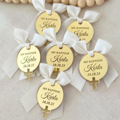 Gold Personalized Cross Name Tag, Acrylic Mirror Baptism Tag, Lettering Name Logo,Baptism Cross Tag, Christening Favors Tag (60pcs,3cm)