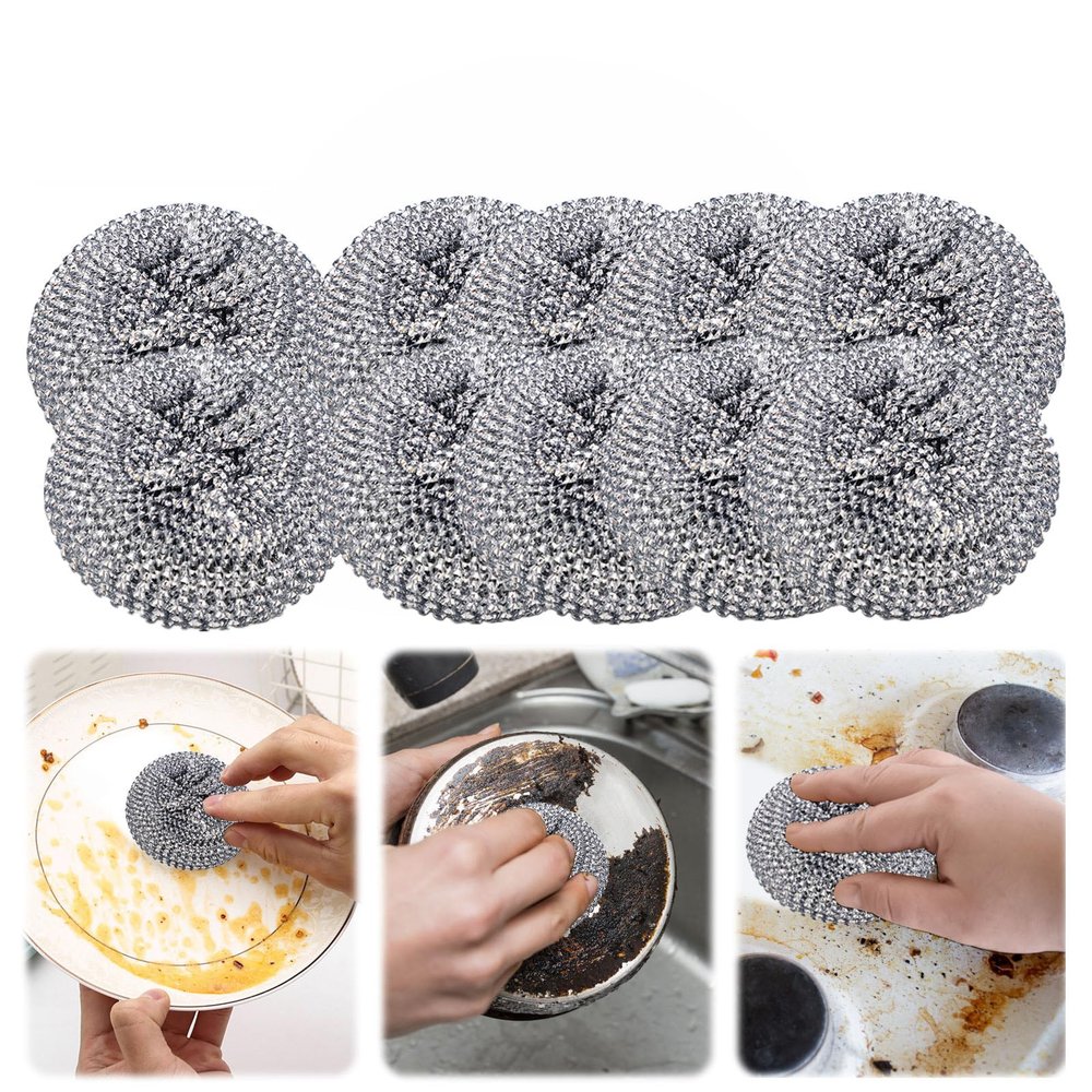 10er Pack Stainless Steel Sponges Scrubbers Cleaning Ball Utensil Scrubber Density Metal Scrubber Brush Pads Ball for Pot Pan Dish Wash Cleaning for Removing Rust Dirty Cookware Brush
