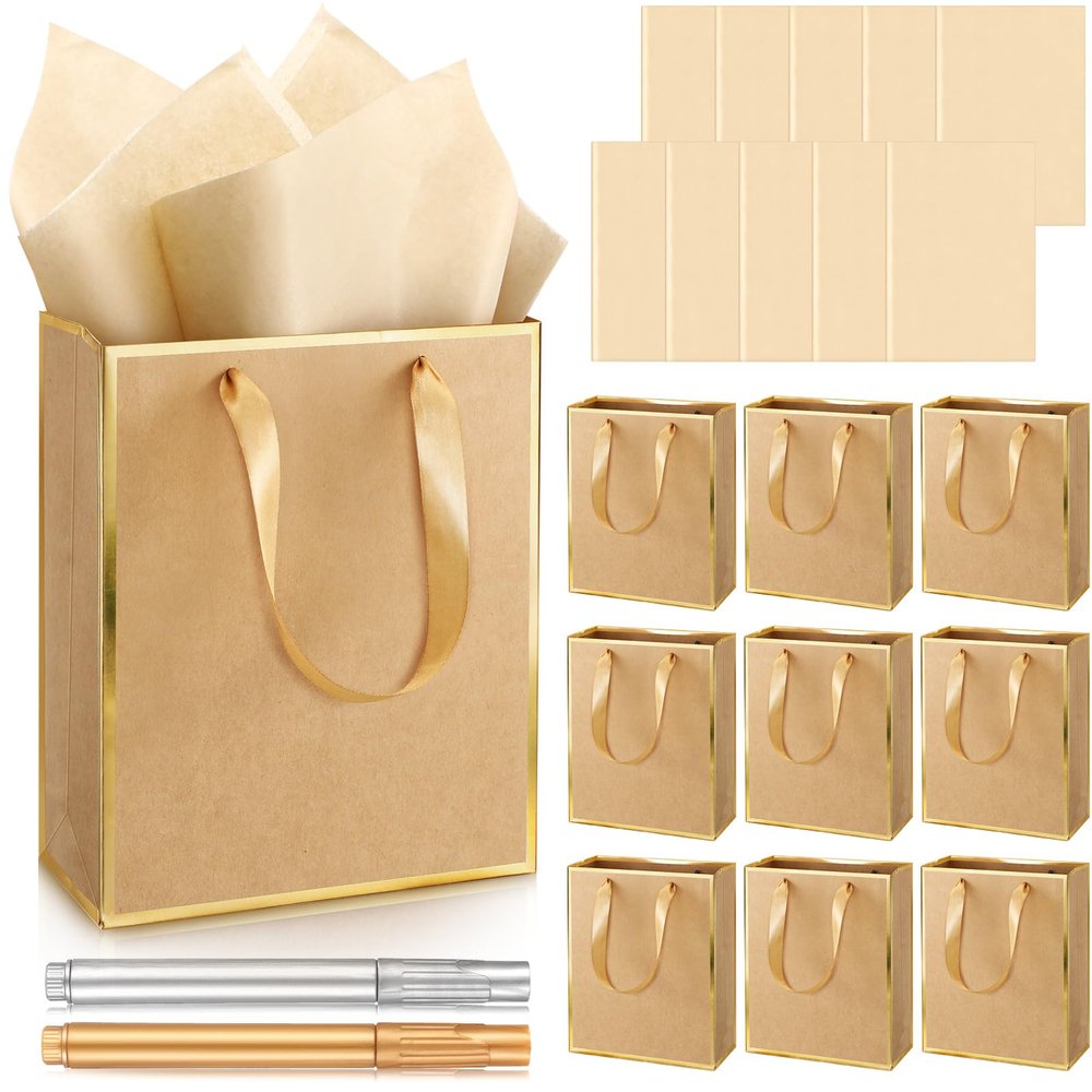 Yeaqee 10 Pack Paper Gift Bags with Handle Tissue Paper,Kraft, Gold