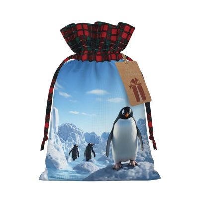 NONHAI Christmas Drawstring Gift Bags Penguin Antarctica Ice Santa Bag Buffalo Christmas Burlap Bags with Gift Tags Upgraded Candy Gift Wrapping Bags for Christmas Presents Party Favor Goody Sack