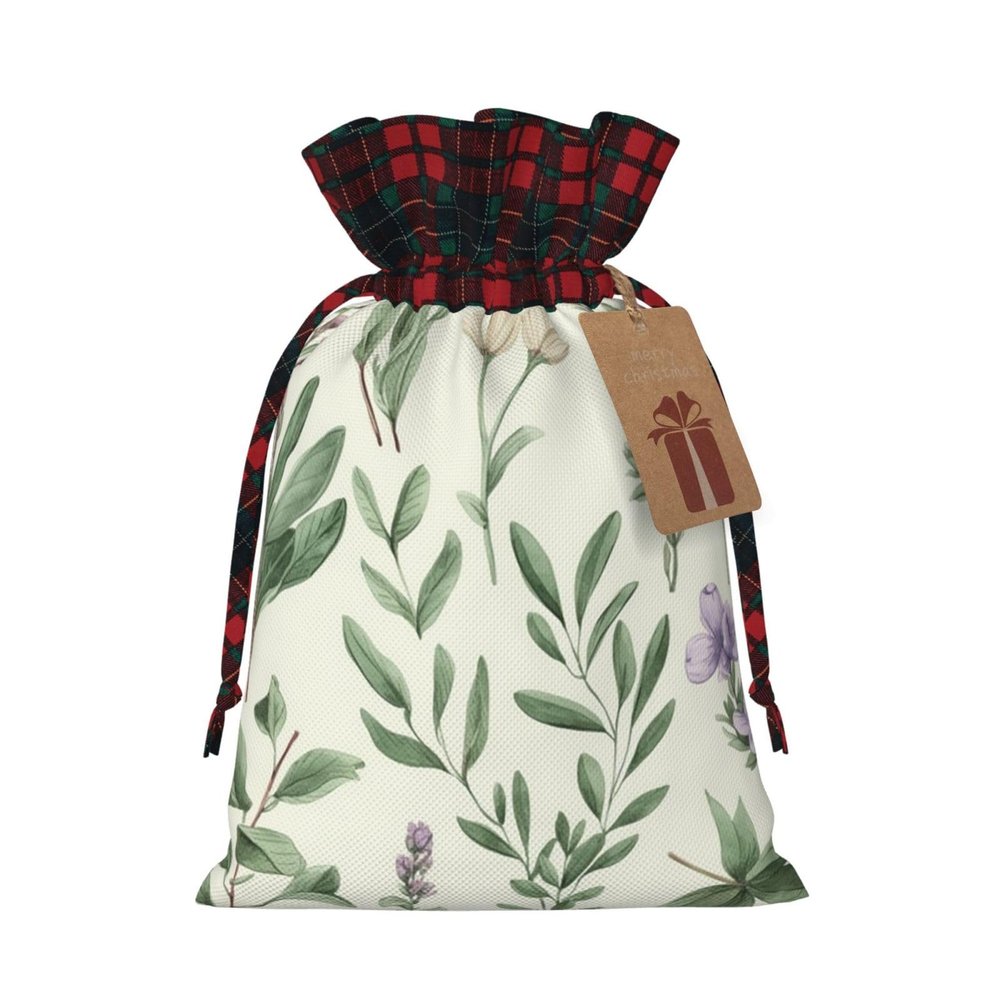 Christmas Gift Bag with Drawstring Christmas Wrapping Bags Green Flower Herb Sage Leaves and Branches Drawstring Gift Bag for Xmas Burlap Gift Bags Halloween Candy Bags Reusable Xmas Present Bags for Party Decorations Medium