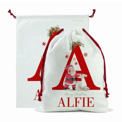 Aiemghsde Personalized Santa Sacks Drawstring with Initial & Name Christmas Gift Bags for Presents (Style 1)