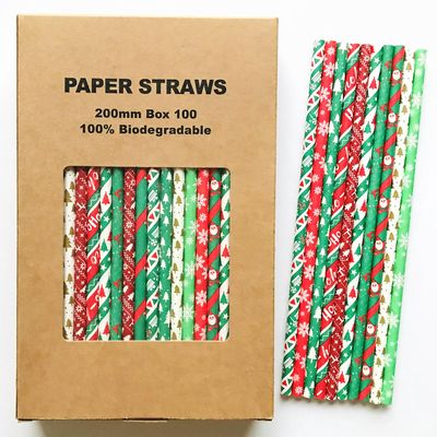 100 Pcs Mixed 10 Styles Christmas Paper Straws, Multi Green Red Gold Santa Claus Fawn Reindeer Snowflake Xmas Tree Holiday Party Drinking Straws, Kids Retro Craft Cake Pop Sticks (Vintage Christmas)