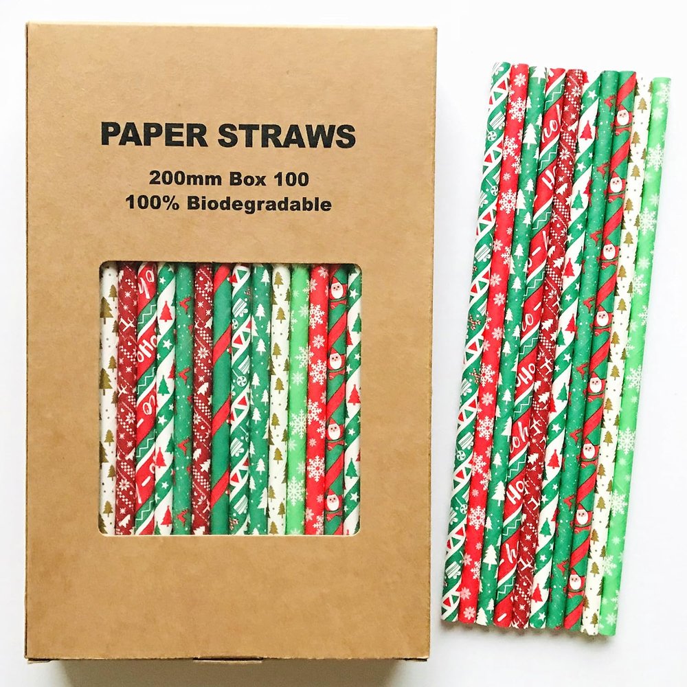 100 Pcs Mixed 10 Styles Christmas Paper Straws, Multi Green Red Gold Santa Claus Fawn Reindeer Snowflake Xmas Tree Holiday Party Drinking Straws, Kids Retro Craft Cake Pop Sticks (Vintage Christmas)