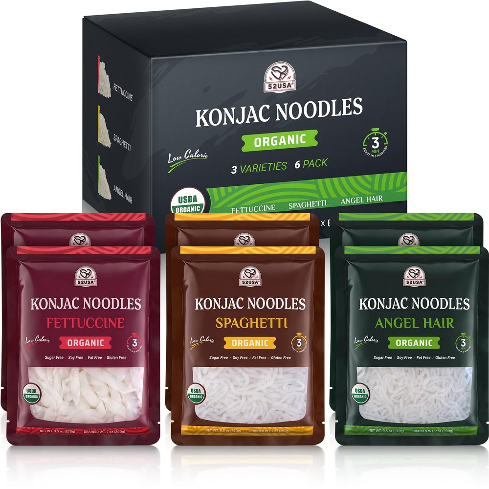 52USA USDA Organic Konjac Shirataki Noodle, Low Carb Pasta 52.8 Oz, 6 Pack 3 Variety-Angel Hair, Fettuccine, Spaghetti Noodles, Keto and Paleo Friendly, Low Calorie, Sugar Free, Vegan, Ready to Eat