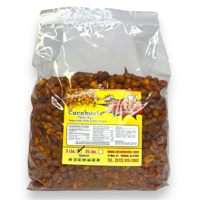 Cacahuates con chile y ajo nicomex. Salty and spicy peanuts with garlic and arbol pepper. Authentic Mexican Style. Party size 5Lb.