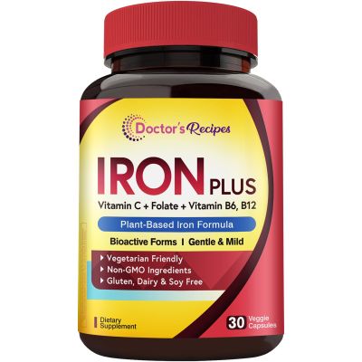 Doctor's Recipes Iron Supplement for Women Men - Gentle Iron Bisglycinate with Vitamin C, B6, Folate & B12, Stomach Friendly Iron Pills, 30 Vegan Caps