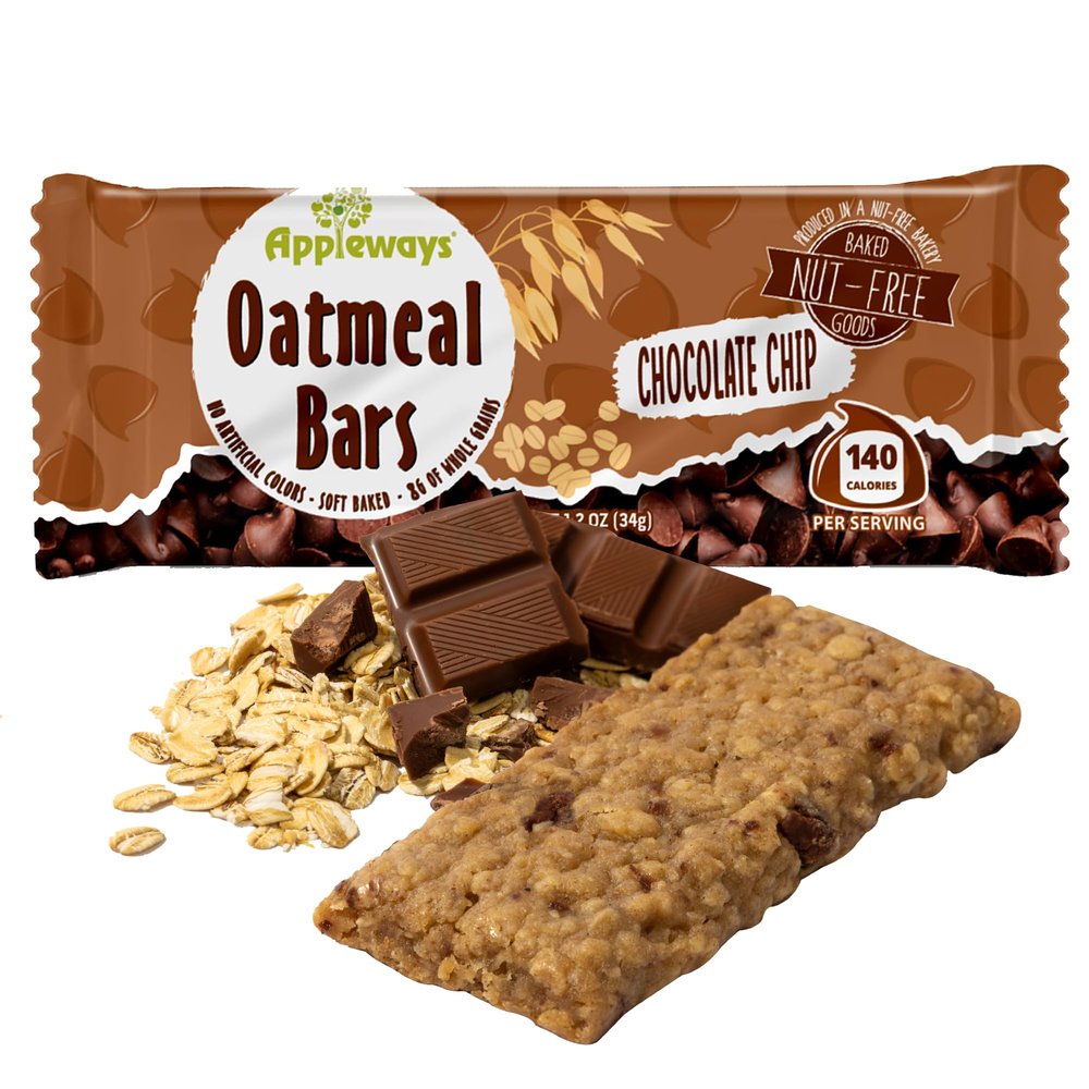 Appleways Chocolate Chip Oatmeal Bars, 1.2 oz, 216 Count - Individually Wrapped, Whole Grain Soft Baked Oat Snack Bars, Healthy and Nut-Free Breakfast Bar Snacks for On the Go, Made in USA (16.2 lbs)