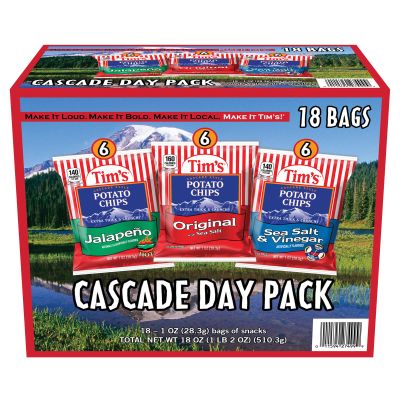 Tim's Cascade Day Pack, 18 Single-Serve Bags (1 oz Each) Includes Jalapeo, Original with Sea Salt, and Sea Salt & Vinegar Flavors Extra Thick & Crunchy Cascade Style Potato Chips Snack Variety Pack