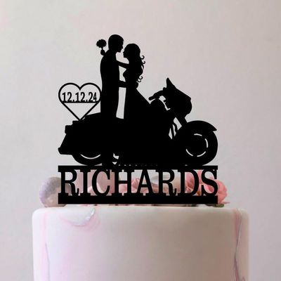 Bride And Groom With Motorbike Cake Topper,Motorcycle Cake Topper,Motorbike Cake Topper,Custom Biker Couple Silhouette Cake Topper For Proposal Engagement Wedding Anniversary Supplies.