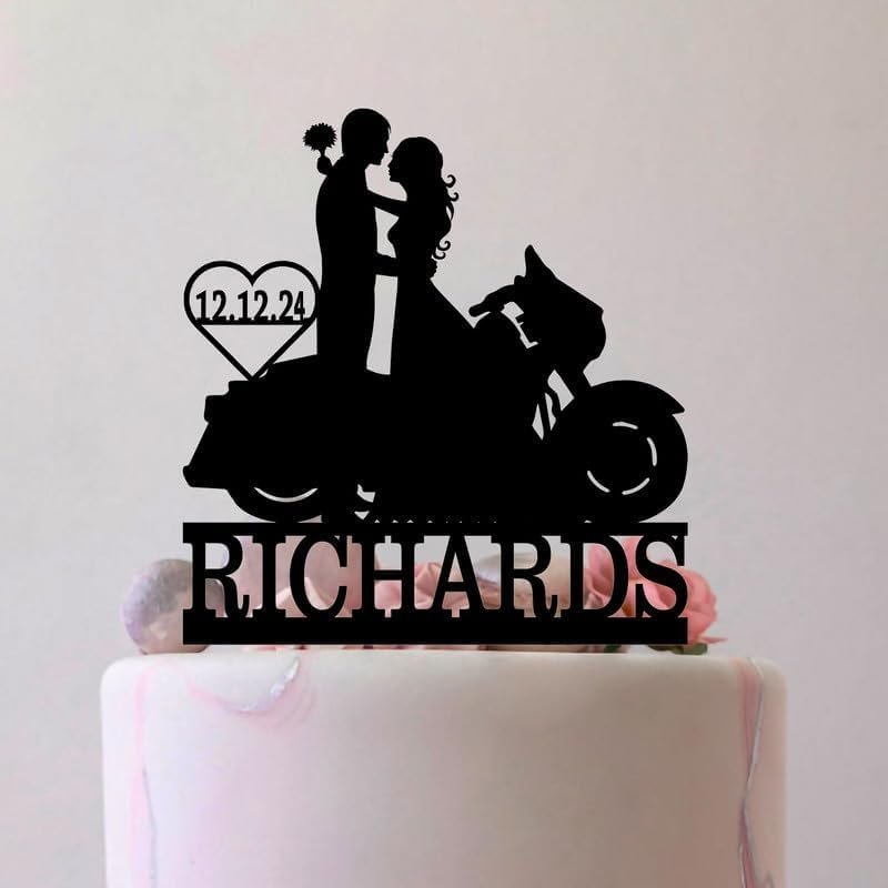 Bride And Groom With Motorbike Cake Topper,Motorcycle Cake Topper,Motorbike Cake Topper,Custom Biker Couple Silhouette Cake Topper For Proposal Engagement Wedding Anniversary Supplies.