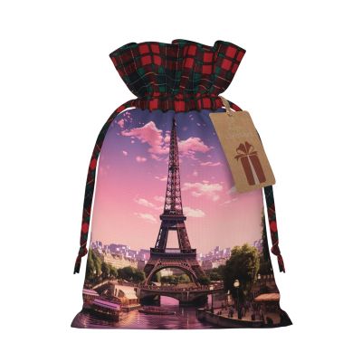 NONHAI Christmas Drawstring Gift Bags Eiffel Tower Paris Santa Bag Buffalo Christmas Burlap Bags with Gift Tags Upgraded Candy Gift Wrapping Bags for Christmas Presents Party Favor Goody Sack