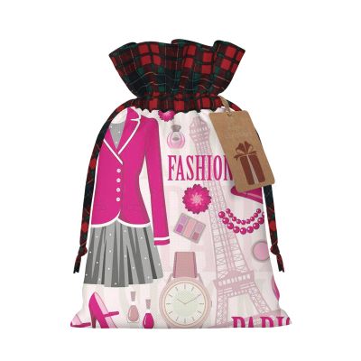 UIANG Fashion,Reusable Burlap Gift Bags with Drawstring,Fashion Theme in Paris,Treat Bags Party Favor Bags Candy Goodies Food Storage Bags Gift Wrapping Package,Pink - M