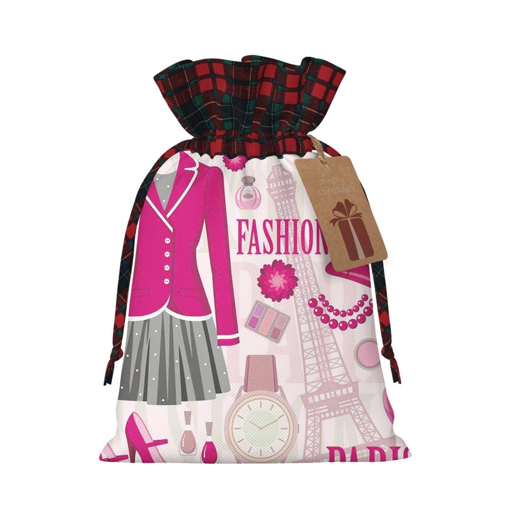 UIANG Fashion,Reusable Burlap Gift Bags with Drawstring,Fashion Theme in Paris,Treat Bags Party Favor Bags Candy Goodies Food Storage Bags Gift Wrapping Package,Pink - M