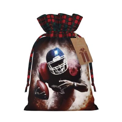 NONHAI Christmas Drawstring Gift Bags American Football Santa Bag Buffalo Christmas Burlap Bags with Gift Tags Upgraded Candy Gift Wrapping Bags for Christmas Presents Party Favor Goody Sack