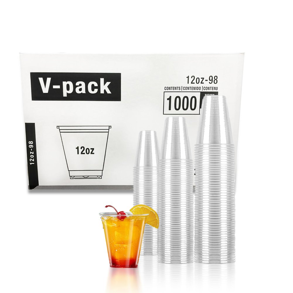 VPACK - 12oz Plastic Cups, Clear Disposable Cold Cup for Iced Coffee, Smoothies, and More, 98mm 1000 Pack Crystal PET Clear Plastic Cups (12oz-98mm)