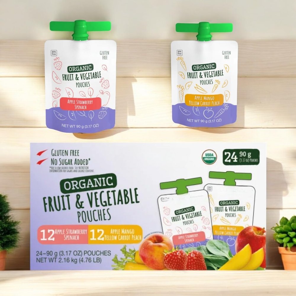 Variety Pack of Organic Fruit & Veggie Pouches  24 Count (Apple Strawberry Spinach & Apple Mango Carrot Peach) | No Added Sugar | Gluten-Free | Kosher | 3.17 oz Each
