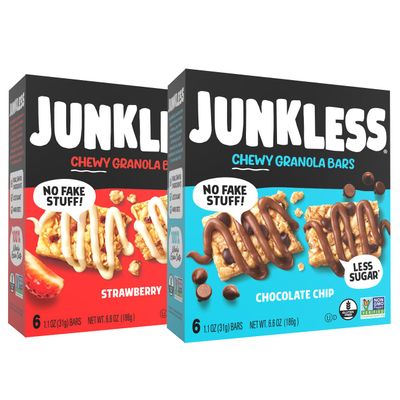 JUNKLESS Chewy Granola Bars Twin Pack Chocolate Chip & Strawberry (12 Bars)Less Sugar, Non-GMO, Gluten-Free, Wholesome Snack Bars for Kids & Adults, 2 Boxes