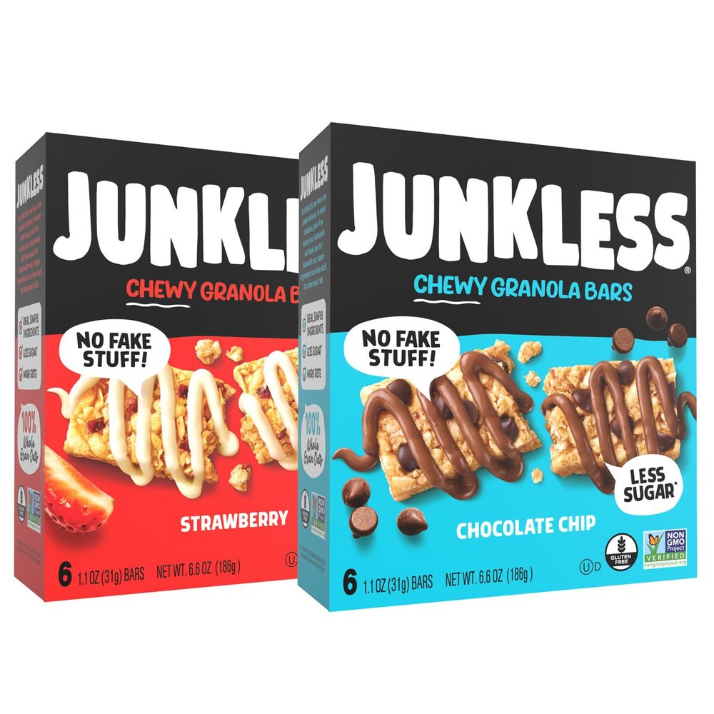 JUNKLESS Chewy Granola Bars Twin Pack Chocolate Chip & Strawberry (12 Bars)Less Sugar, Non-GMO, Gluten-Free, Wholesome Snack Bars for Kids & Adults, 2 Boxes