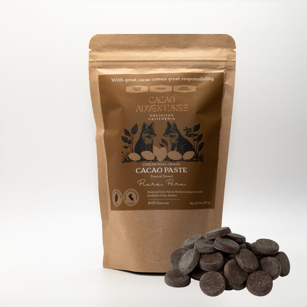 Cacao Adventures Ceremonial Cacao | Tropical Desert Peru 100% Pure Raw Cacao | Dairy Free & Vegan | Unsweetened | Ethically Sourced and Sustainably Grown | Cacao Ceremony | Piura Blanco, 8 oz