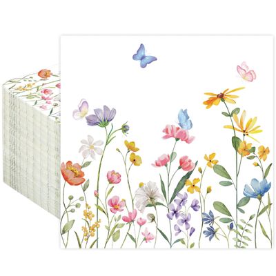 100 PCS Wildflower Cocktail Napkins Disposable Spring Floral Party Napkins 3-Ply Spring Flower Butterfly Paper Napkin for Wedding Bridal Baby Shower Birthday Tea Party Supplies
