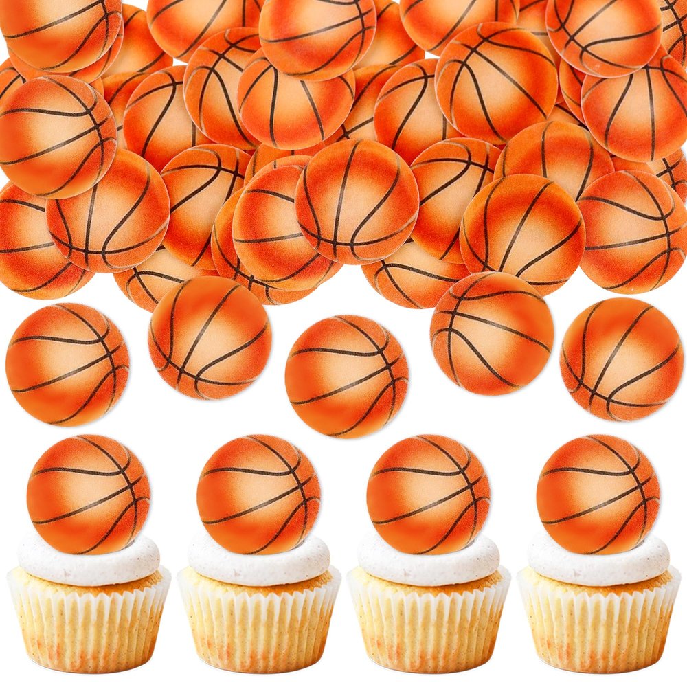 40Pcs Basketball Edible Cupcake Toppers Edible Basketball Cupcake Picks Balls Drink Topper for Sports Theme Baby Shower Boys Girls Basketballs Birthday Cake Cupcake Decorations