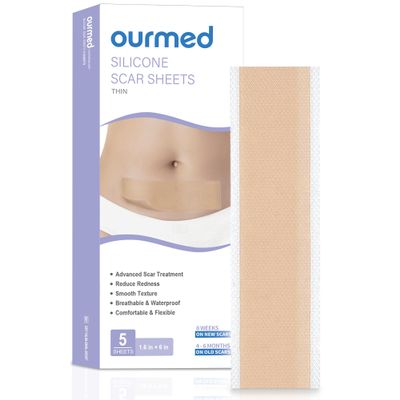 Ourmed Silicone Scar Removal Sheets (1.6" x 6", Pack of 5) Medical Grade Silicone Scar Removal Sheets, Hypoallergenic for New and Old Scars Surgery, Burns, Acne, Keloids, Stretch Marks, C-Section