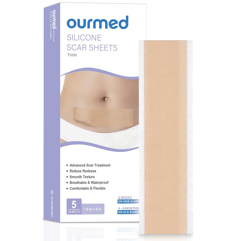 Ourmed Silicone Scar Removal Sheets (1.6" x 6", Pack of 5) Medical Grade Silicone Scar Removal Sheets, Hypoallergenic for New and Old Scars Surgery, Burns, Acne, Keloids, Stretch Marks, C-Section