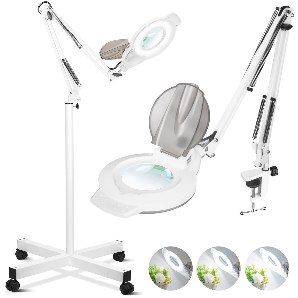 10X Magnifying Glass with Light and Stand, NUEYiO 2200 Lumen Stepless Dimmable Magnifying Floor Lamp, 2-in-1 Adjustable Metal Swing Arm Lighted Magnifier, Mag Lamp for Estheticians Crafts Facial