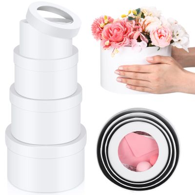 Weekgrat Set of 4 Round Gift Boxes for Presents, Flower Boxes with Lids for Arrangements, Flower Arrangements Nesting for Mother's Day Graduation Wedding Birthday Valentines(White)