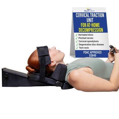 Brace Direct Cervical Traction Device - Spinal Decompression & Neck Pain Relief, Herniated Disc & Spondylosis Support with Hot Cold Therapy - Portable - Adjustable Traction up to 40 lbs Black-Grey