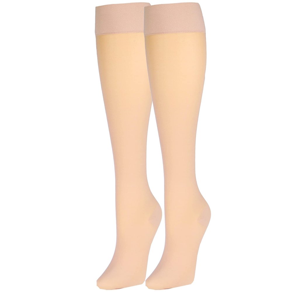NuVein Sheer Compression Stockings, 20-30 mmHg Support, Knee Length, Closed Toe, 20 Denier, Beige, Large