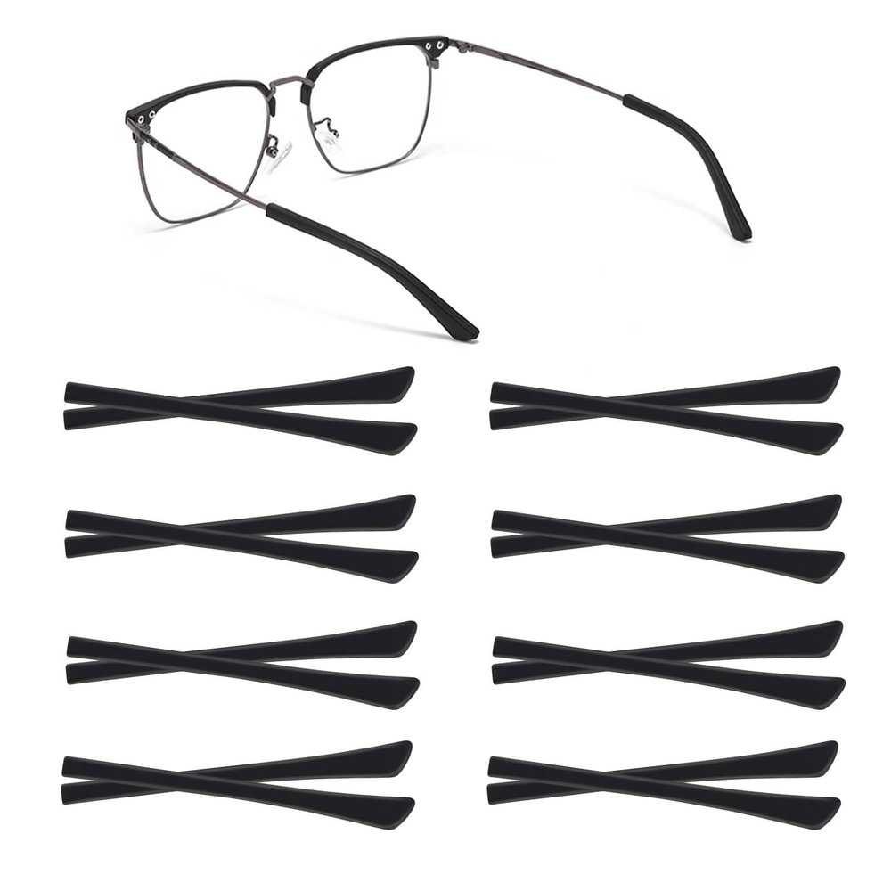 8 Pairs Eyeglass End Tips Ear Sock Pieces for Glasses Soft Silicone Eyeglasses Temple Tips Glasses Sunglasses Replacement Temple Anti-Slip Tube Sleeve for Flat Thin Metal Eyeglass Legs (Black)