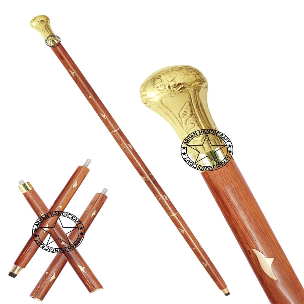 Brass Nautical Designer Walking Stick Men & Women Canes and Wooden 37 inch Handle Golden Natural Wood Rosewood (IIFD)