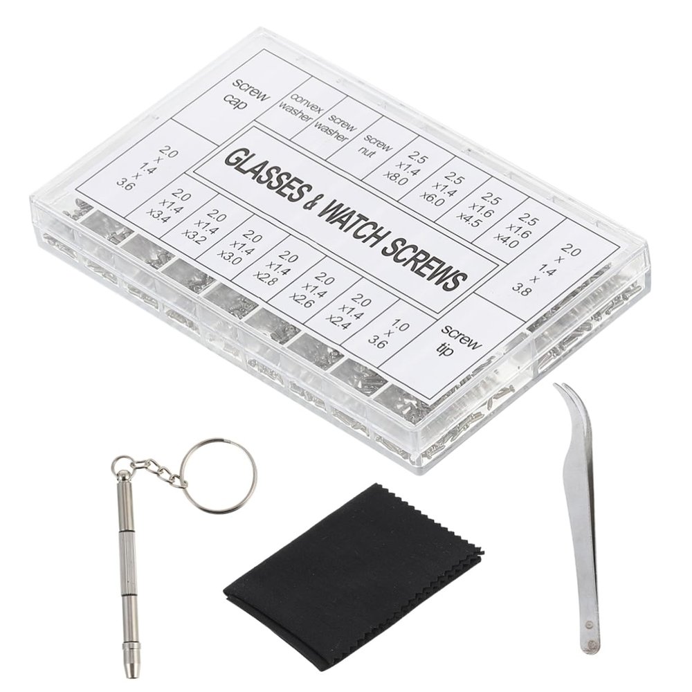 TOBBOMEY 1000pcs Eyeglasses Repair Kit Including Screw Box Tools Glasses Cleaner