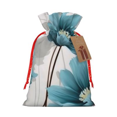 THLKLDKSZX Teal Grey And White Floral- Christmas Drawstring Gift Bags - Xmas Wrapping Bag And Santa Sacks Storage Bags With Kraft Tags Perfect For Christmas Party, Candy And Gifts