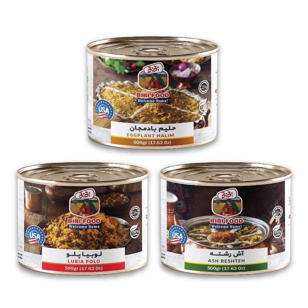 - A pack of 3 cans of Eggplant Halim, Lubia polo & Ash Reshteh